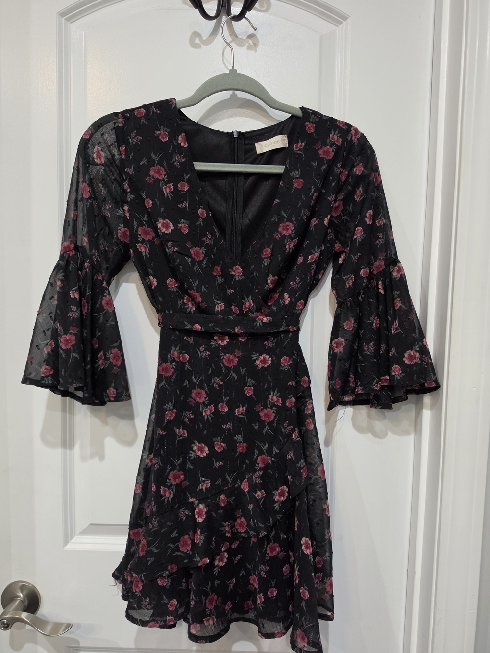 Altar'd State Black Floral V-Neck Ruffle Mini Dress in Rose Print